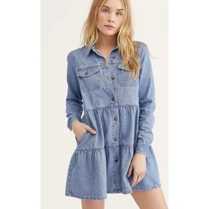 Free People Nicole Denim Jean Tiered Babydoll Washed Shirtdress Sz M
